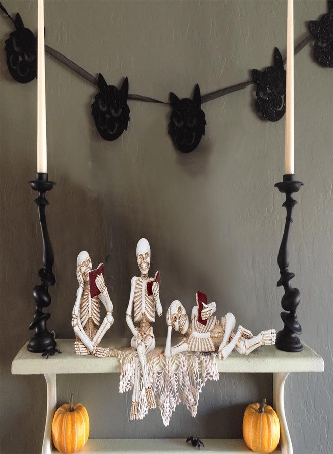 Dawbun 3 Piece Halloween Indoor Decor Figurines Sitting Skeleton Statue Halloween Decorations mini Reading Skull Figurine Home Decor for Living Room Table Shelf Ornament - Image 2